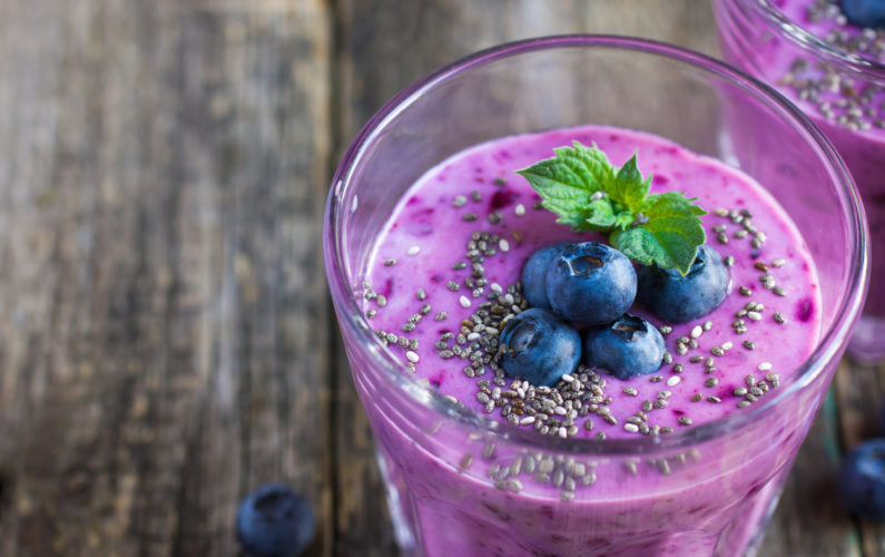 blueberry smoothie with chia seeds and fresh berry, superfood.