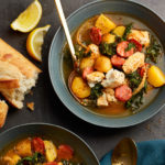 Halibut Stew with Chorizo and potato in a bowl with bread 150x150 - Spicy Halibut Chorizo Soup with Greens