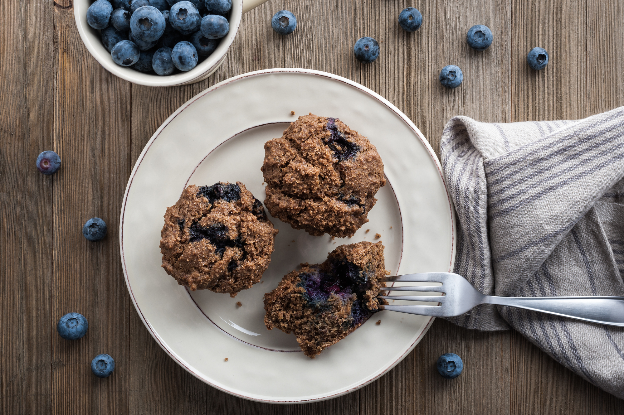 Red River cereal blueberry muffin on a plate with fork