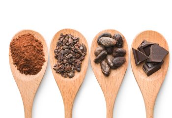 Cacao beans, cacao powder, cacao nibs and dark chocolate on wooden spoons